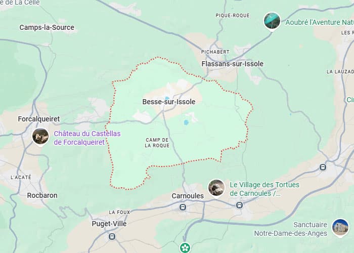 Carte de Besse-sur-Issole et sites touristiques du Var Carte de Besse-sur-Issole dans le Var montrant Carnoules, Forcalqueiret et les sites touristiques locaux environnants.